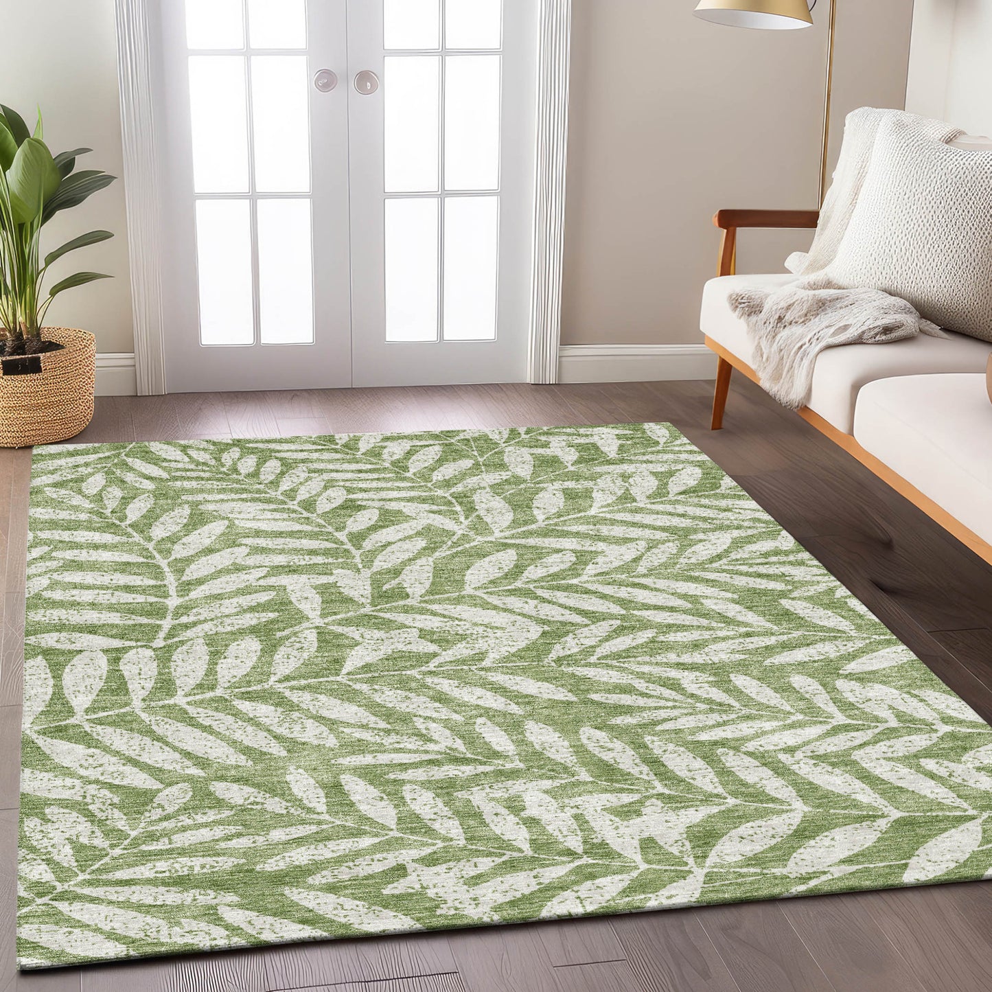 Tabselect Home Line 5' X 8' Green And Ivory Floral Washable Indoor Outdoor Area Rug
