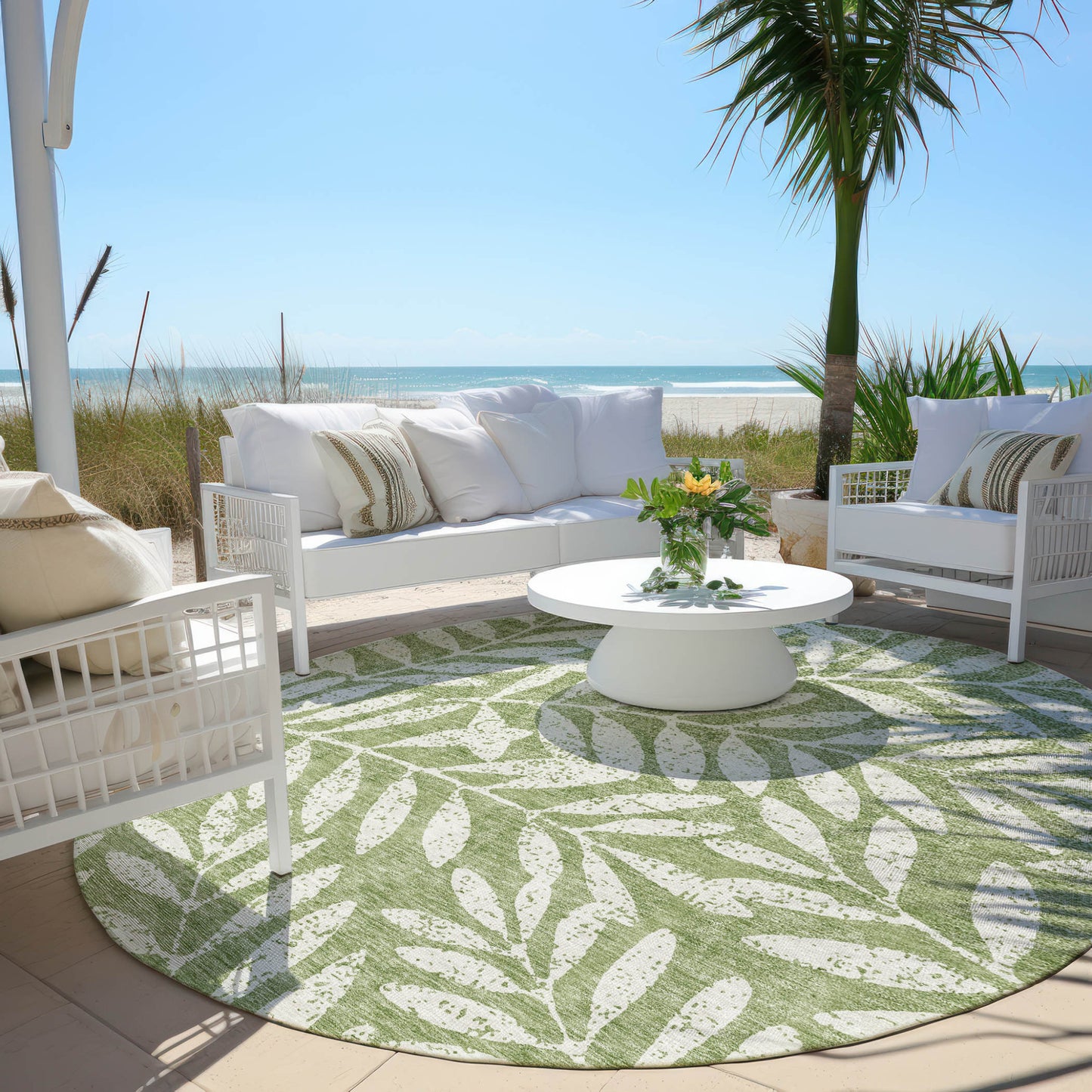 Tabselect Home Line 8' Green And Ivory Round Floral Washable Indoor Outdoor Area Rug
