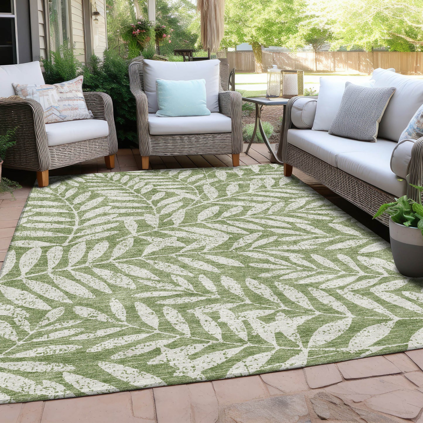 Tabselect Home Line 8' X 10' Green And Ivory Floral Washable Indoor Outdoor Area Rug