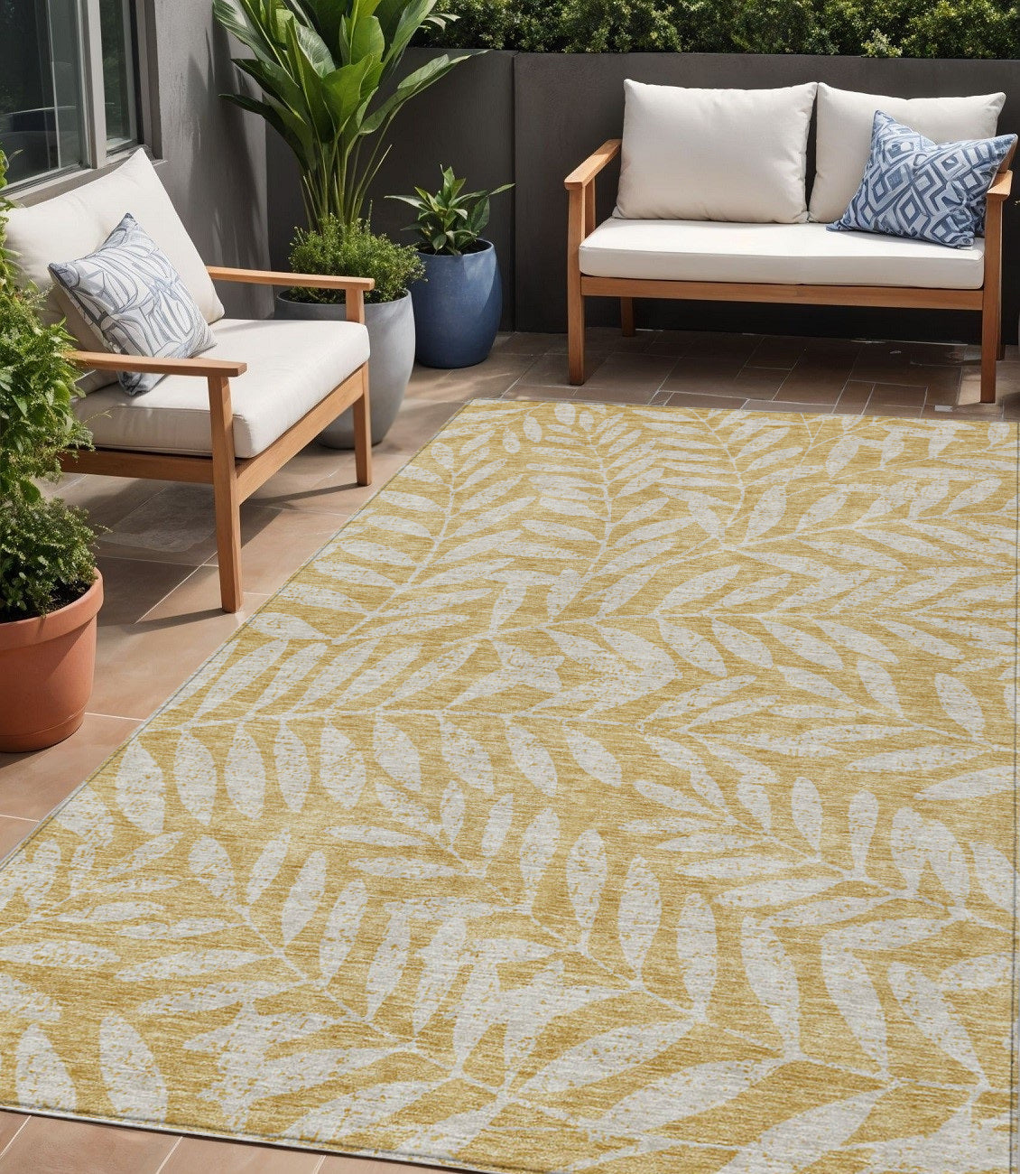 Tabselect Home Line 5' X 8' Gold And Gray Floral Washable Indoor Outdoor Area Rug