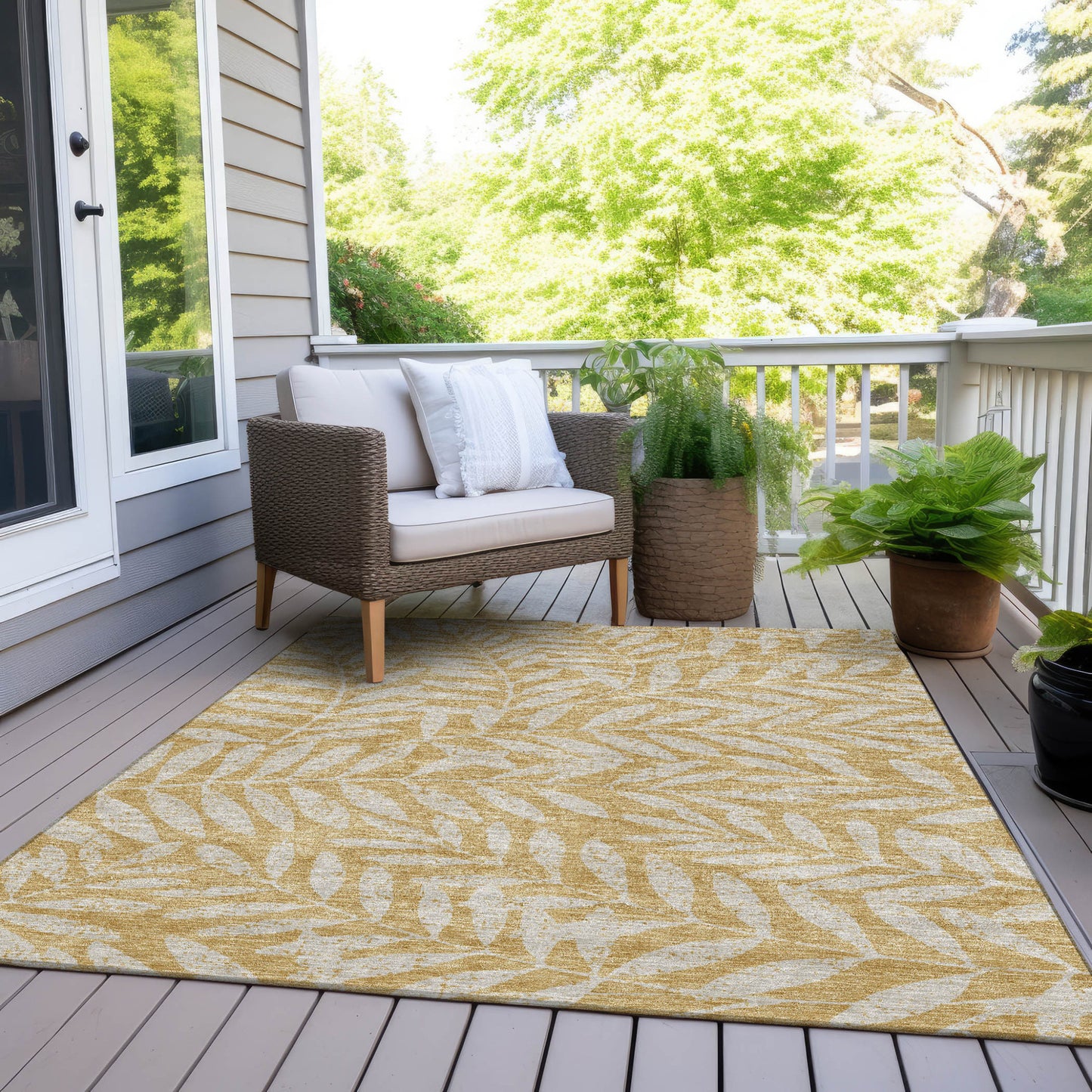 Tabselect Home Line 5' X 8' Gold And Gray Floral Washable Indoor Outdoor Area Rug