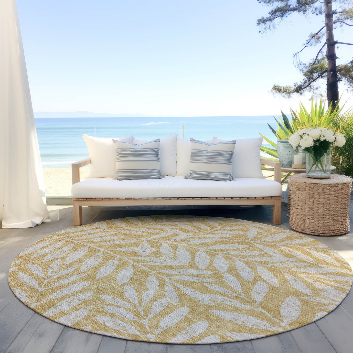 Tabselect Home Line 8' Gold And Gray Round Floral Washable Indoor Outdoor Area Rug
