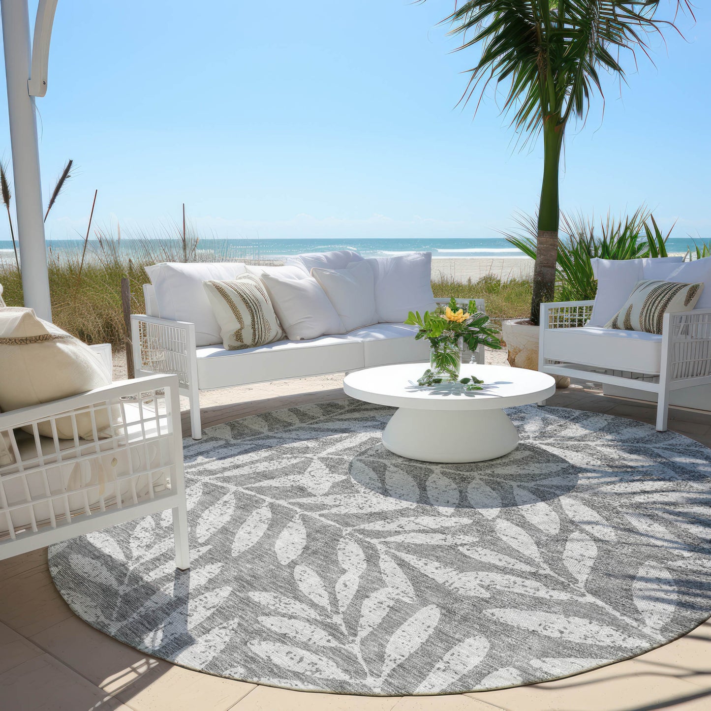 Tabselect Home Line 8' Gray And Light Gray Round Floral Washable Indoor Outdoor Area Rug
