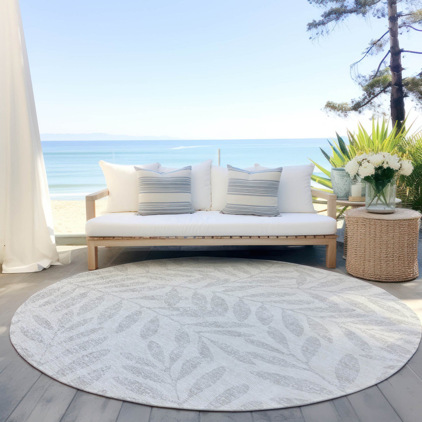 Tabselect Home Line 8' Ivory And Gray Round Floral Washable Indoor Outdoor Area Rug