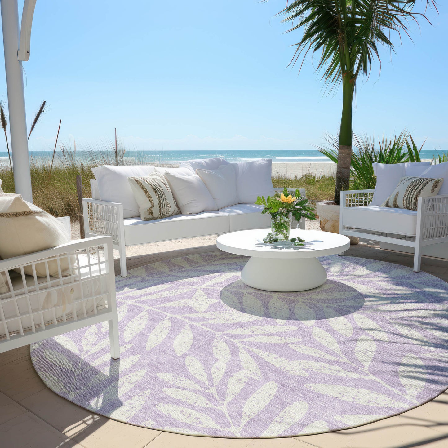 Tabselect Home Line 8' Lavender And Ivory Round Floral Washable Indoor Outdoor Area Rug