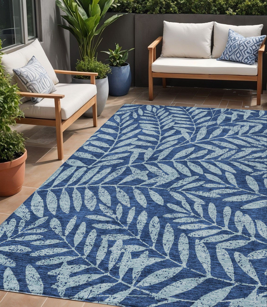 Tabselect Home Line 5' X 8' Navy Blue And Light Blue Floral Washable Indoor Outdoor Area Rug