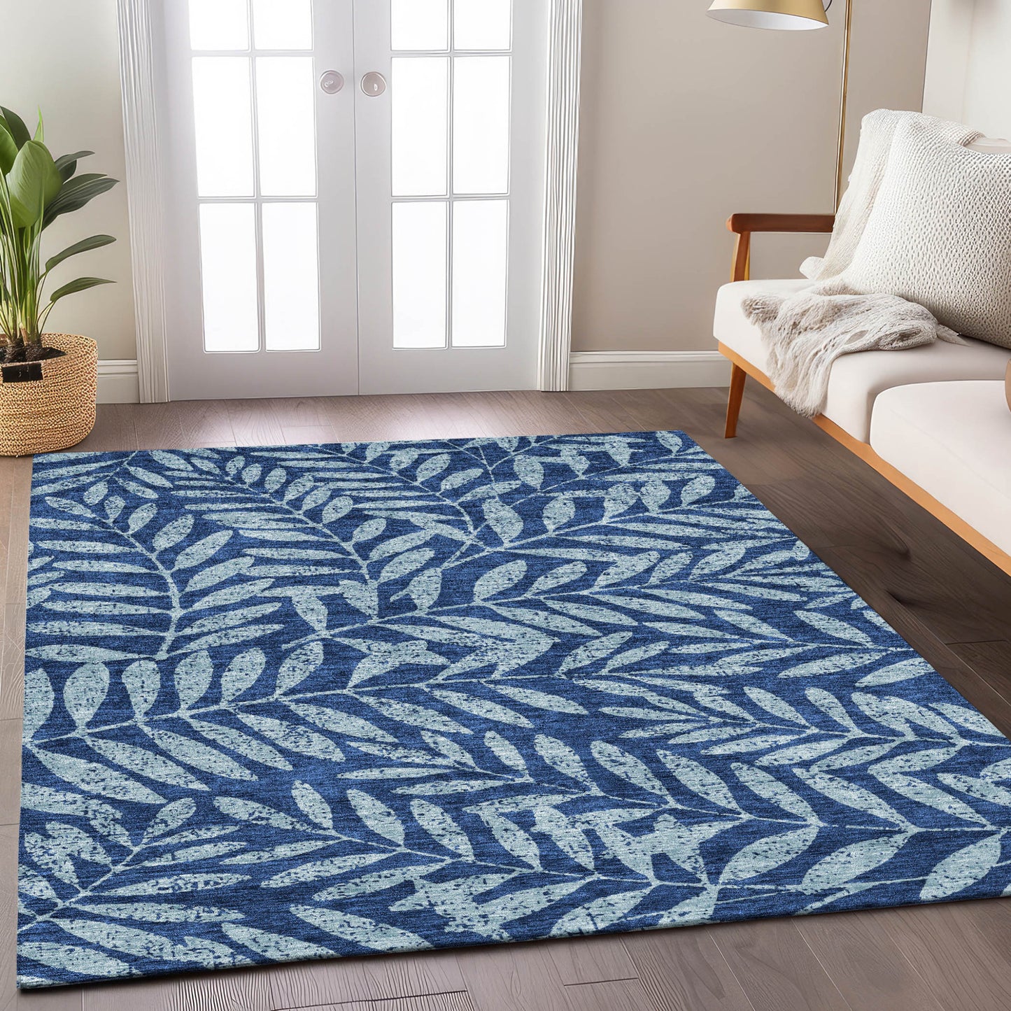 Tabselect Home Line 5' X 8' Navy Blue And Light Blue Floral Washable Indoor Outdoor Area Rug