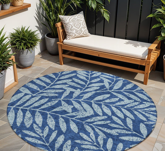 Tabselect Home Line 8' Navy Blue And Light Blue Round Floral Washable Indoor Outdoor Area Rug