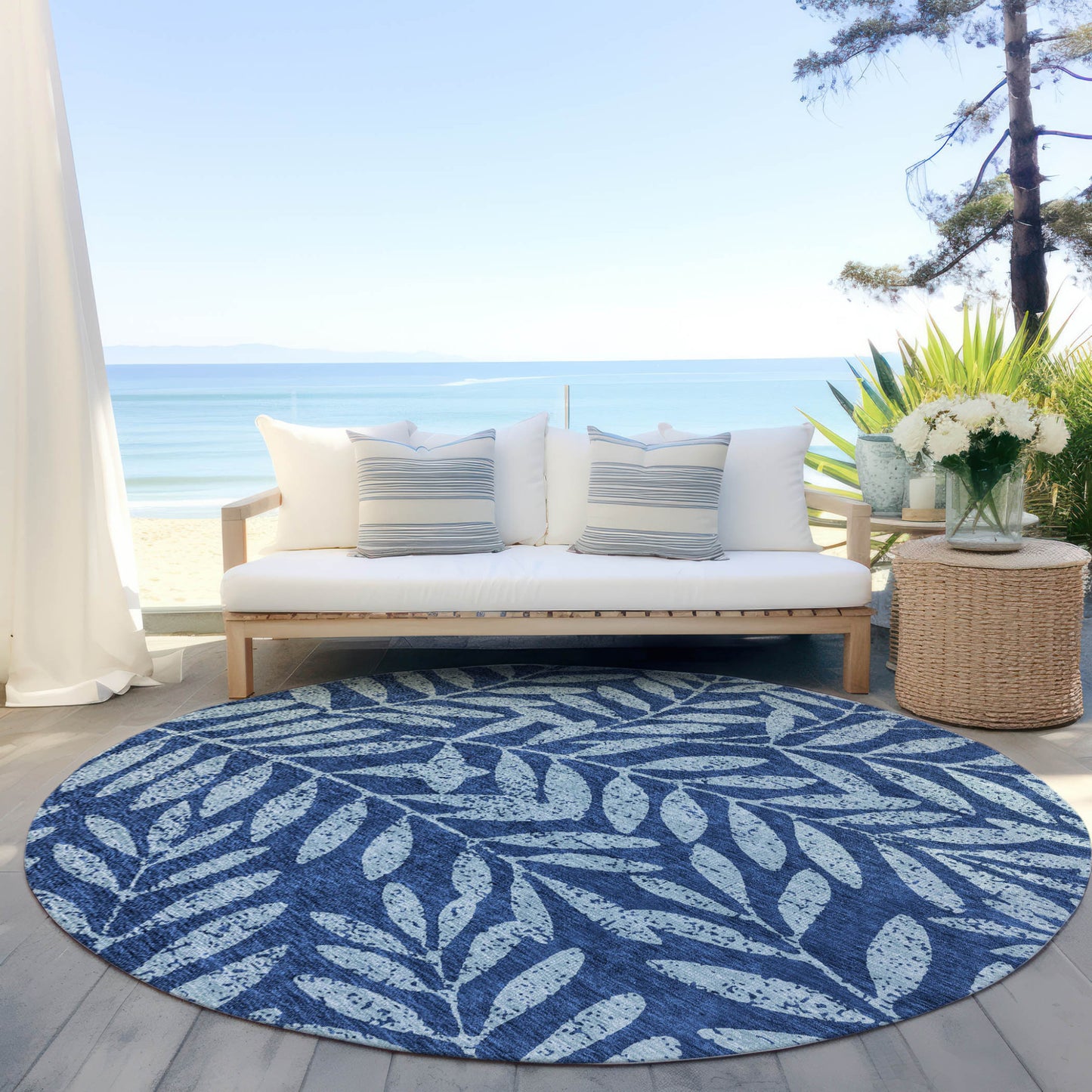 Tabselect Home Line 8' Navy Blue And Light Blue Round Floral Washable Indoor Outdoor Area Rug