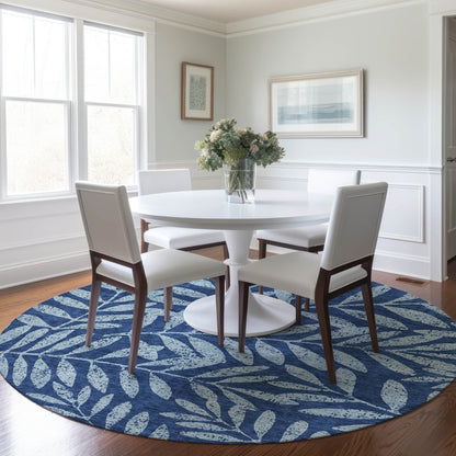 Tabselect Home Line 8' Navy Blue And Light Blue Round Floral Washable Indoor Outdoor Area Rug