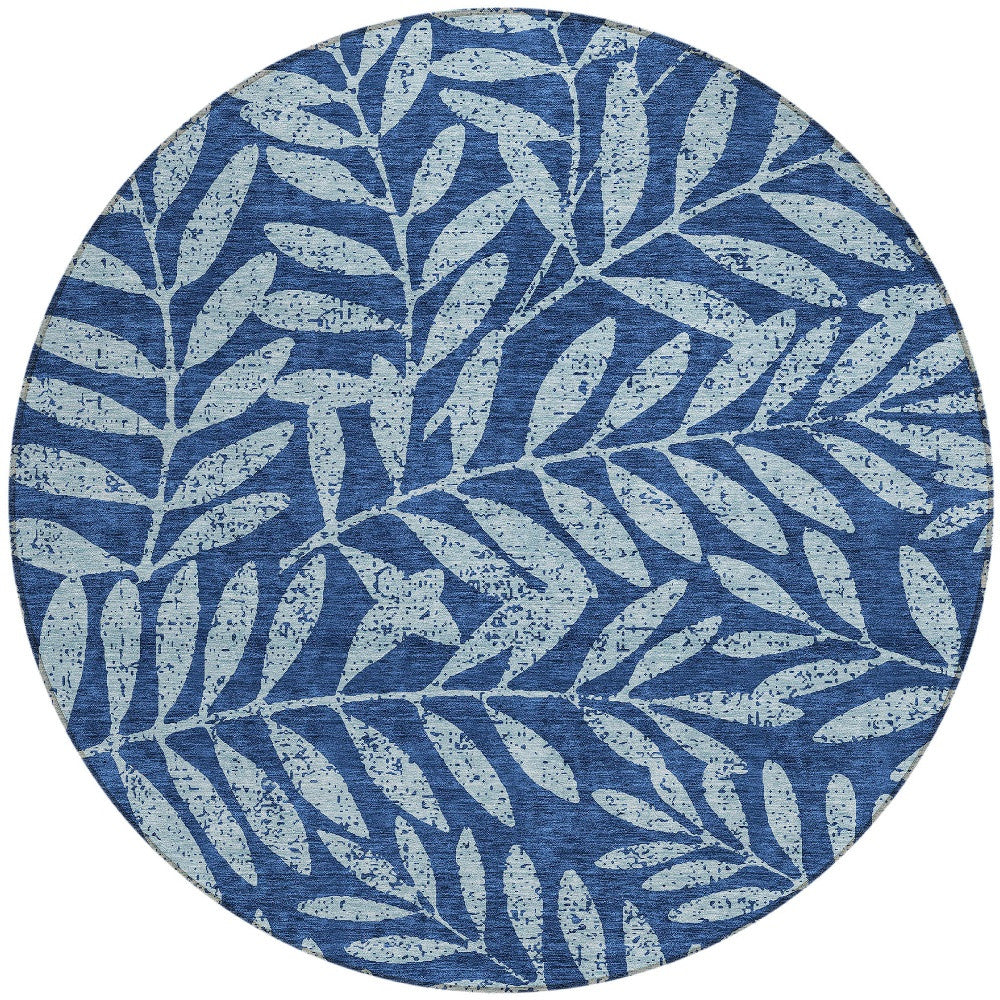 Tabselect Home Line 8' Navy Blue And Light Blue Round Floral Washable Indoor Outdoor Area Rug