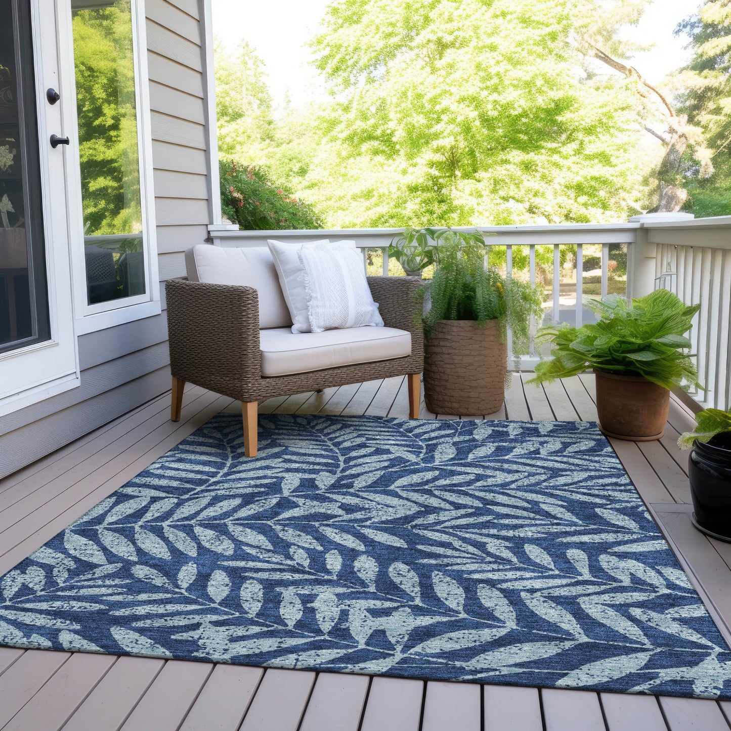 Tabselect Home Line 8' X 10' Navy Blue And Light Blue Floral Washable Indoor Outdoor Area Rug