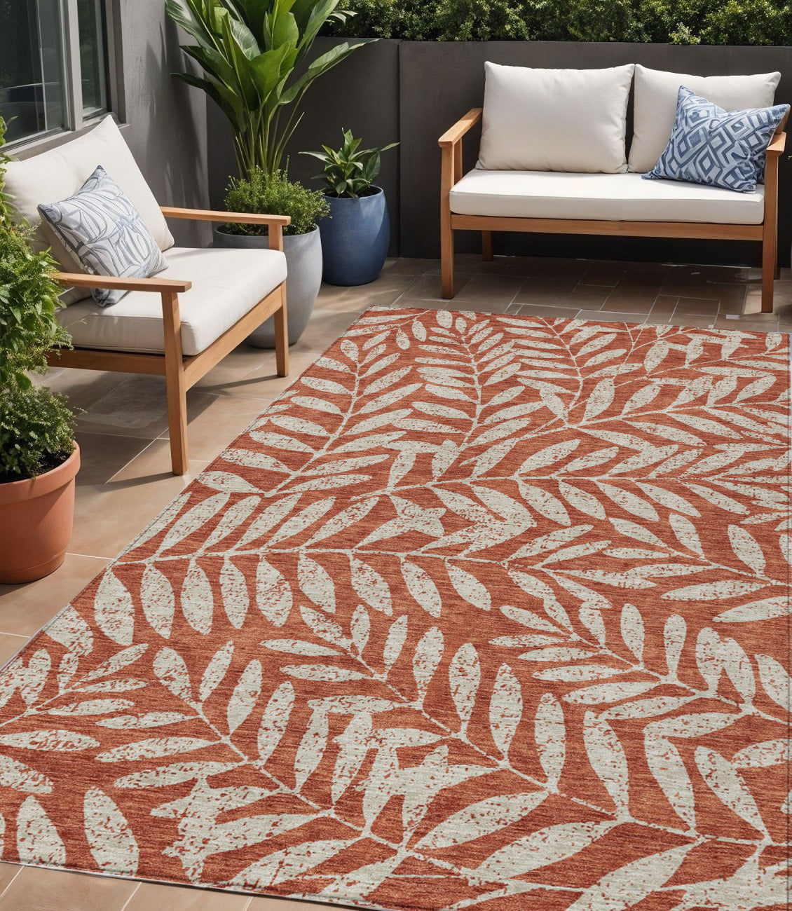Tabselect Home Line 5' X 8' Orange And Ivory Floral Washable Indoor Outdoor Area Rug
