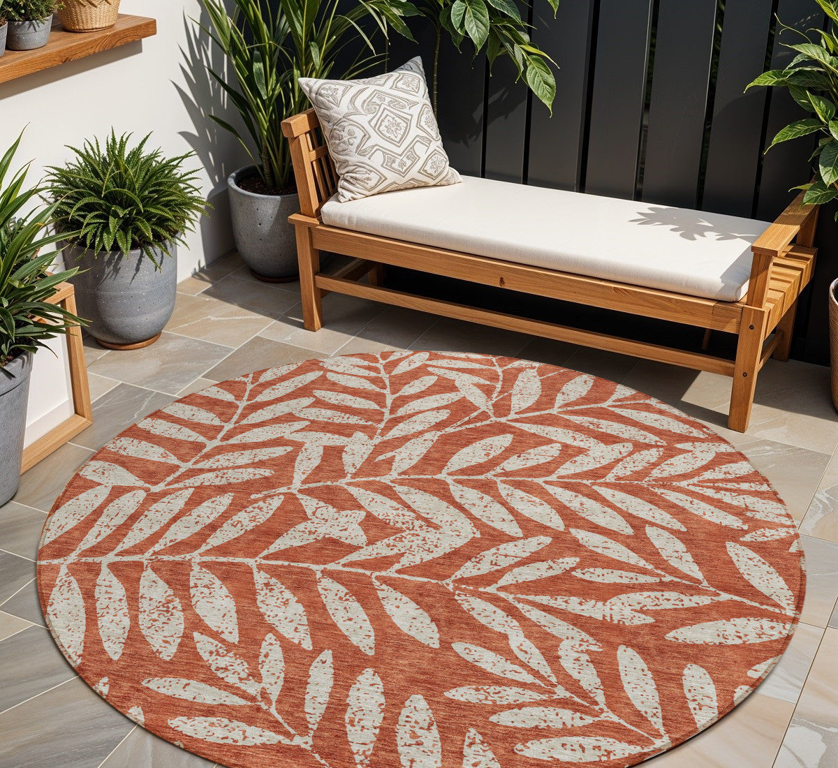 Tabselect Home Line 8' Orange And Ivory Round Floral Washable Indoor Outdoor Area Rug