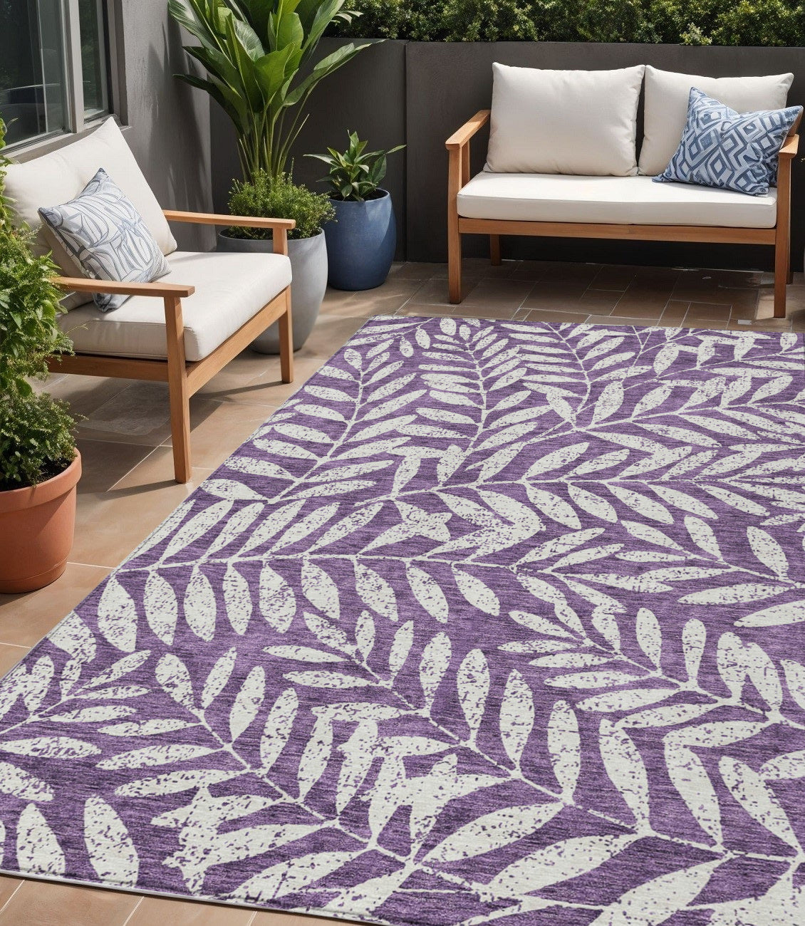 Tabselect Home Line 5' X 8' Purple And Ivory Floral Washable Indoor Outdoor Area Rug