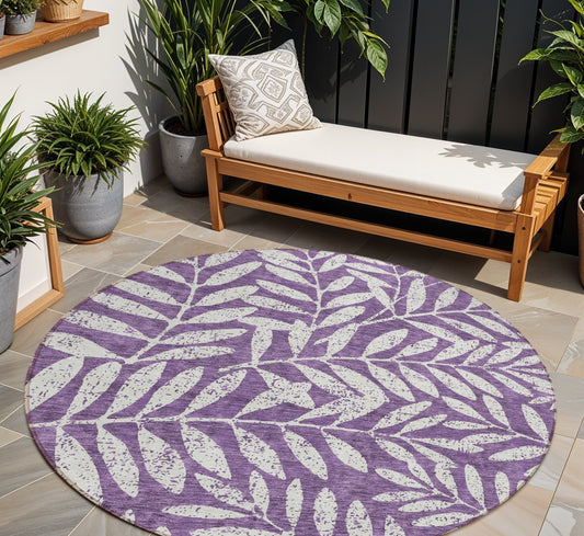 Tabselect Home Line 8' Purple And Ivory Round Floral Washable Indoor Outdoor Area Rug