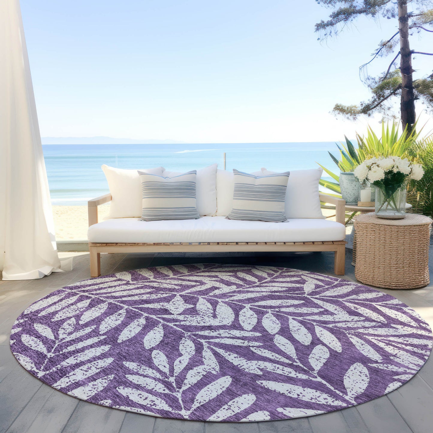 Tabselect Home Line 8' Purple And Ivory Round Floral Washable Indoor Outdoor Area Rug