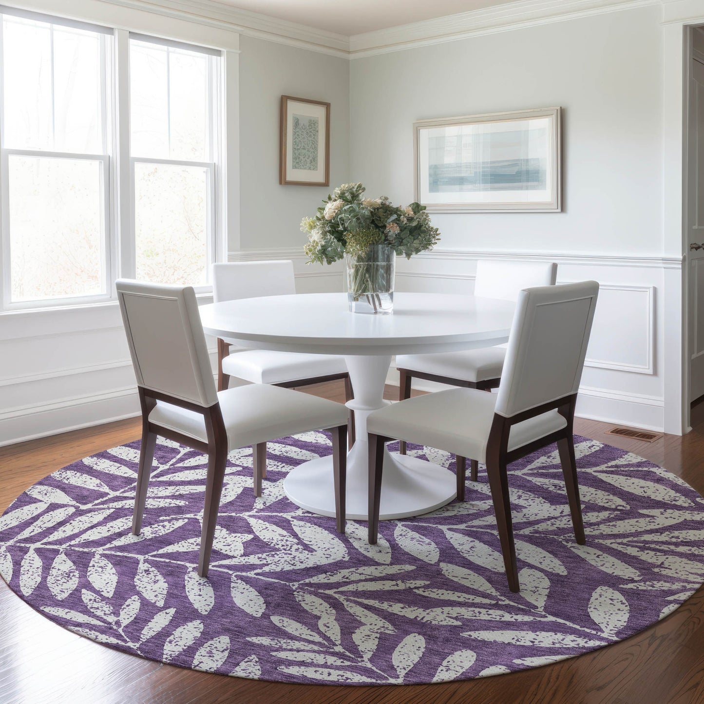Tabselect Home Line 8' Purple And Ivory Round Floral Washable Indoor Outdoor Area Rug