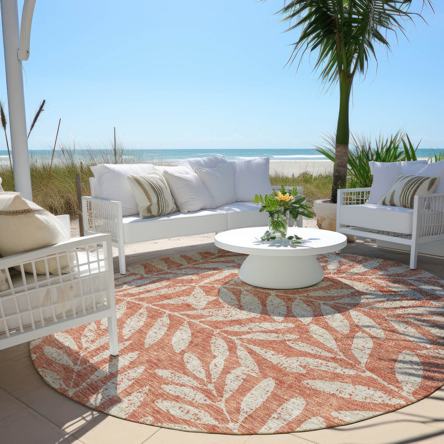 Tabselect Home Line 8' Salmon And Gray Round Floral Washable Indoor Outdoor Area Rug