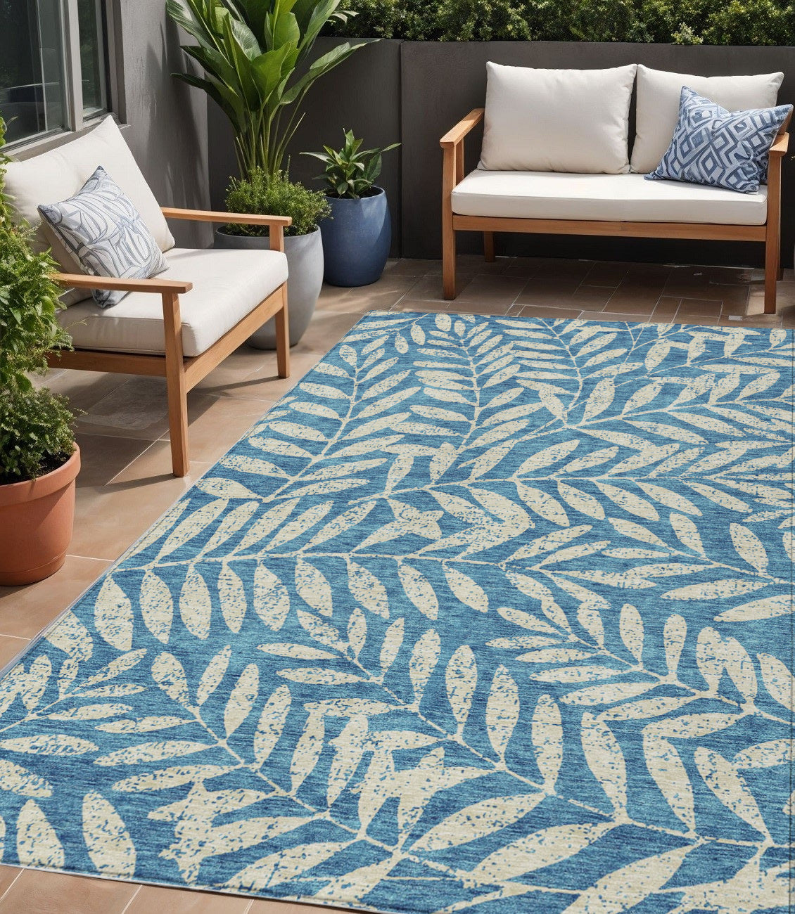 Tabselect Home Line 5' X 8' Teal Blue And Ivory Floral Washable Indoor Outdoor Area Rug