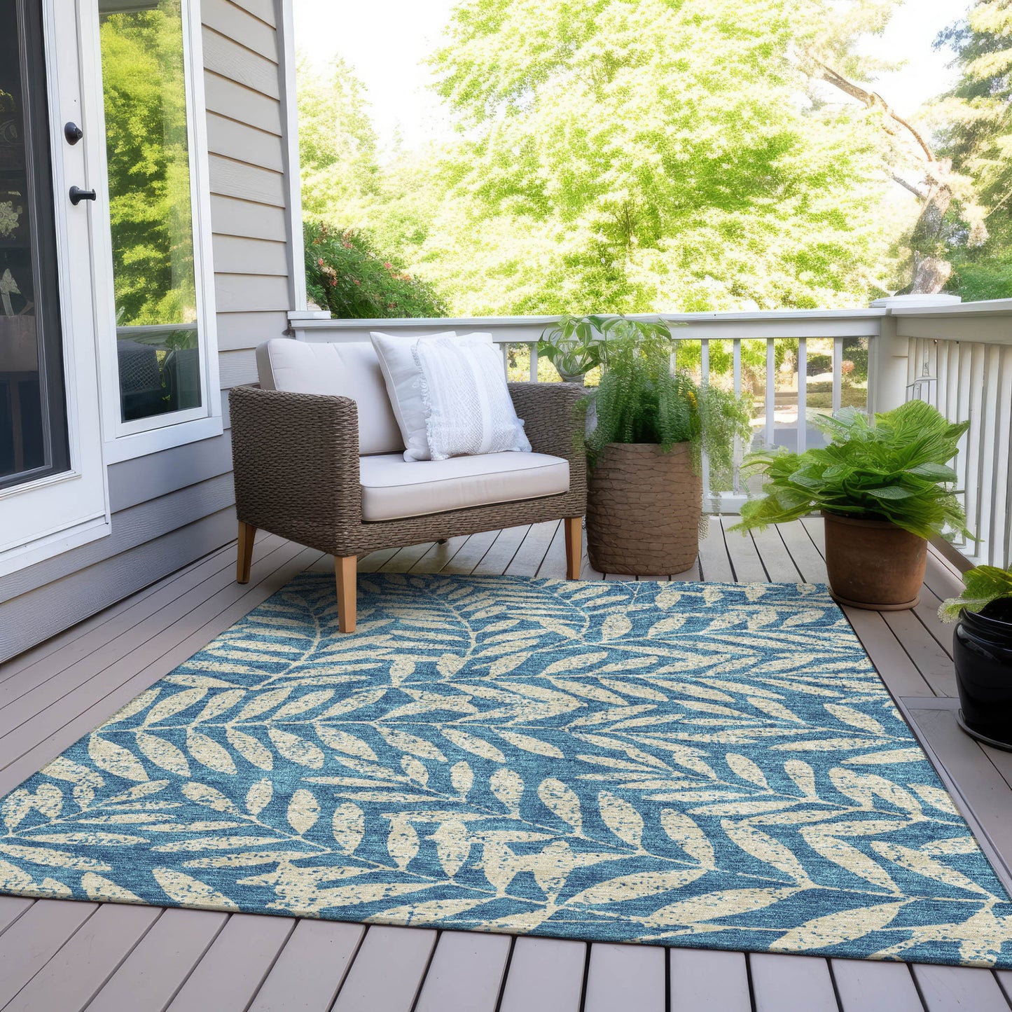 Tabselect Home Line 5' X 8' Teal Blue And Ivory Floral Washable Indoor Outdoor Area Rug