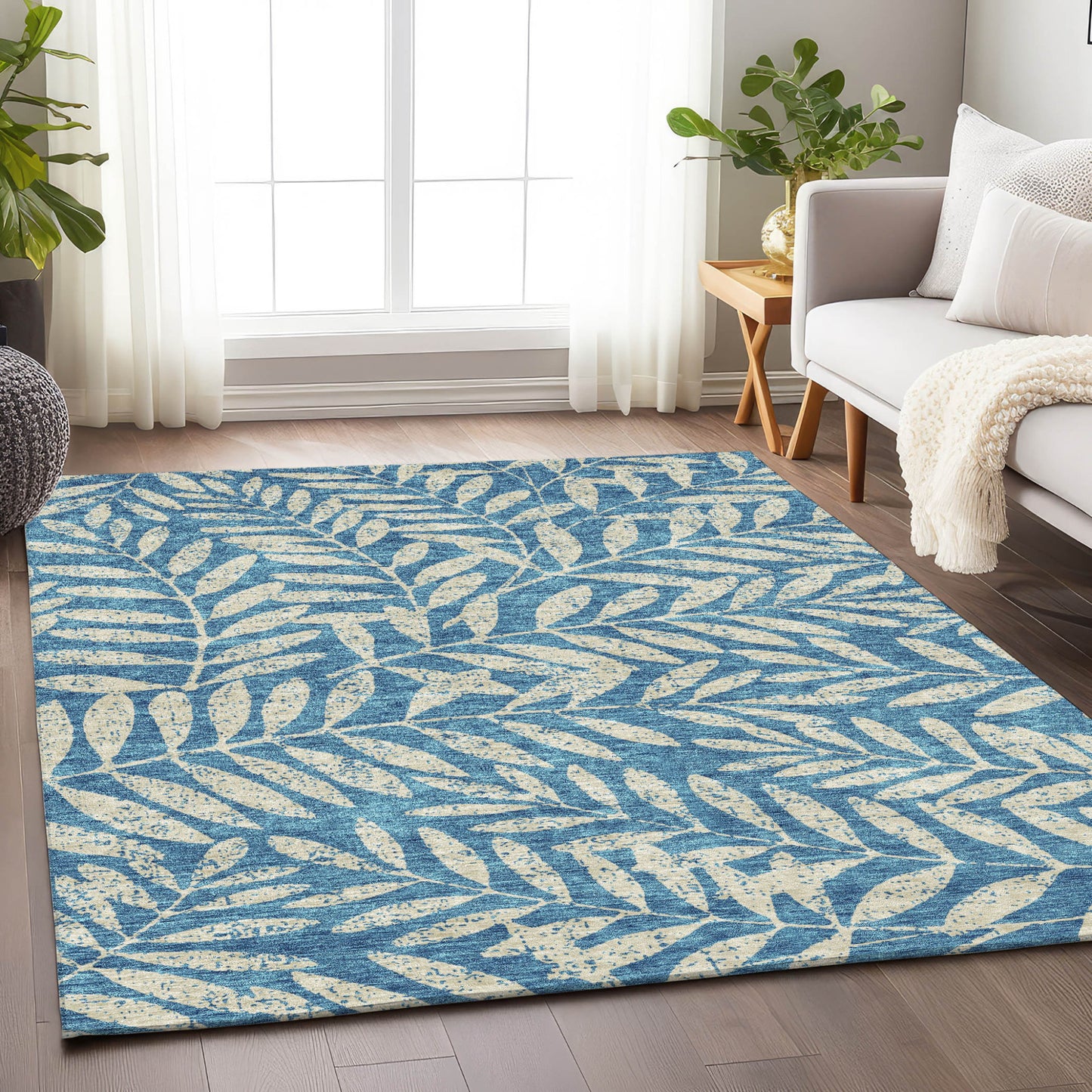 Tabselect Home Line 5' X 8' Teal Blue And Ivory Floral Washable Indoor Outdoor Area Rug