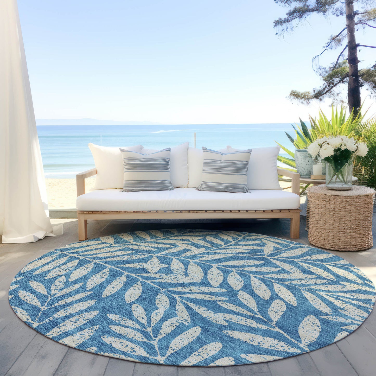 Tabselect Home Line 8' Teal Blue And Ivory Round Floral Washable Indoor Outdoor Area Rug
