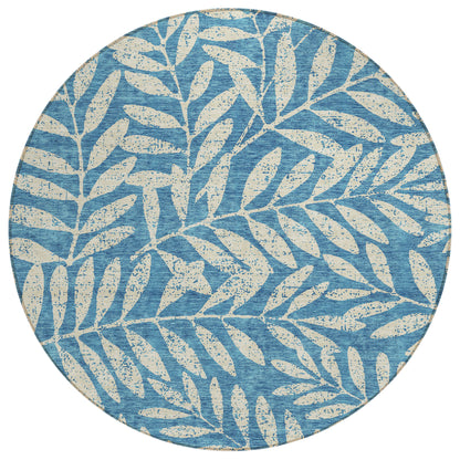 Tabselect Home Line 8' Teal Blue And Ivory Round Floral Washable Indoor Outdoor Area Rug