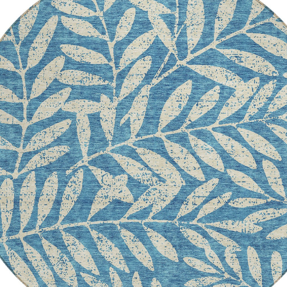 Tabselect Home Line 8' Teal Blue And Ivory Round Floral Washable Indoor Outdoor Area Rug