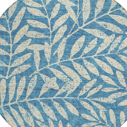 Tabselect Home Line 8' Teal Blue And Ivory Round Floral Washable Indoor Outdoor Area Rug