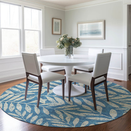 Tabselect Home Line 8' Teal Blue And Ivory Round Floral Washable Indoor Outdoor Area Rug
