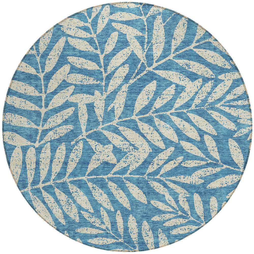 Tabselect Home Line 8' Teal Blue And Ivory Round Floral Washable Indoor Outdoor Area Rug