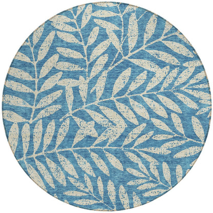 Tabselect Home Line 8' Teal Blue And Ivory Round Floral Washable Indoor Outdoor Area Rug