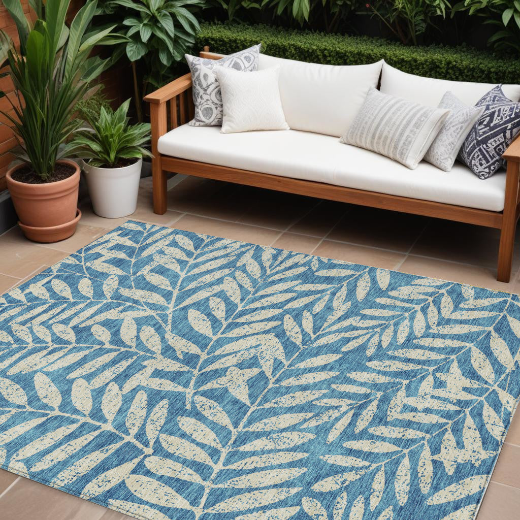 Tabselect Home Line 8' X 10' Teal Blue And Ivory Floral Washable Indoor Outdoor Area Rug