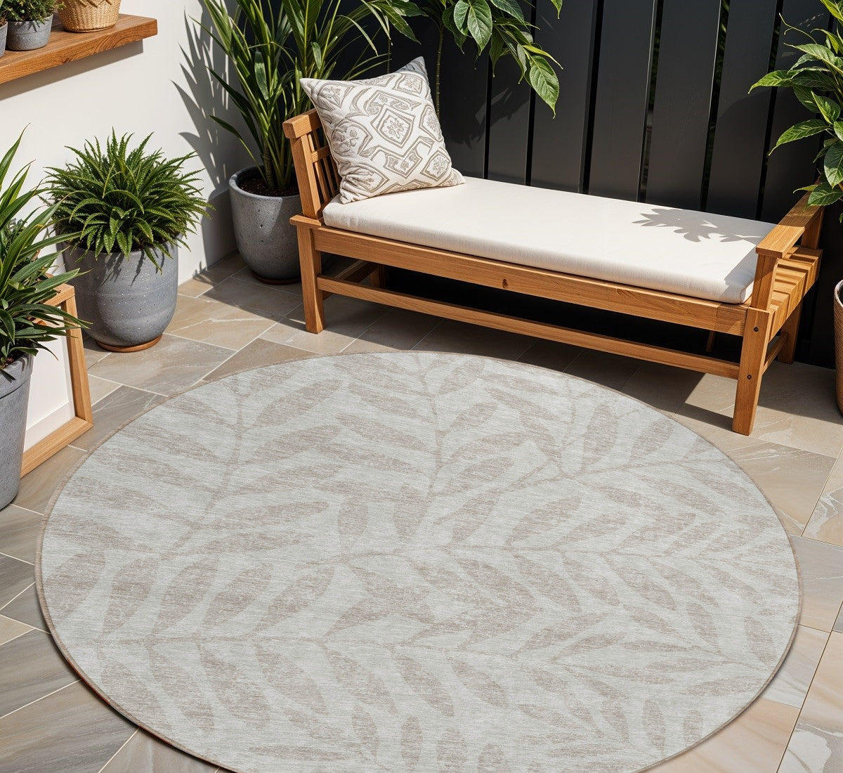 Tabselect Home Line 8' Taupe And Beige Round Floral Washable Indoor Outdoor Area Rug
