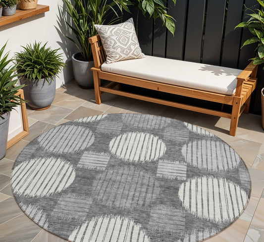 Tabselect Home Line 8' Charcoal And Ivory Round Geometric Washable Indoor Outdoor Area Rug