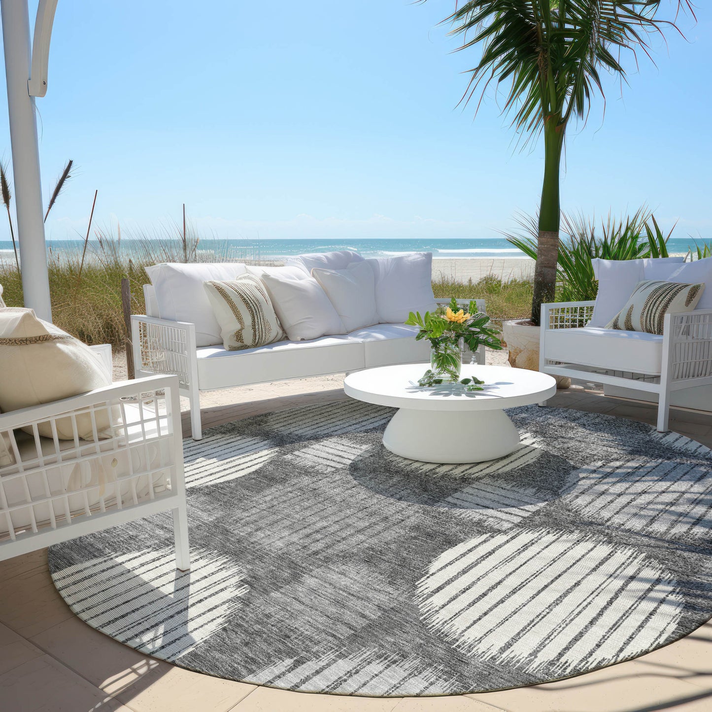 Tabselect Home Line 8' Charcoal And Ivory Round Geometric Washable Indoor Outdoor Area Rug