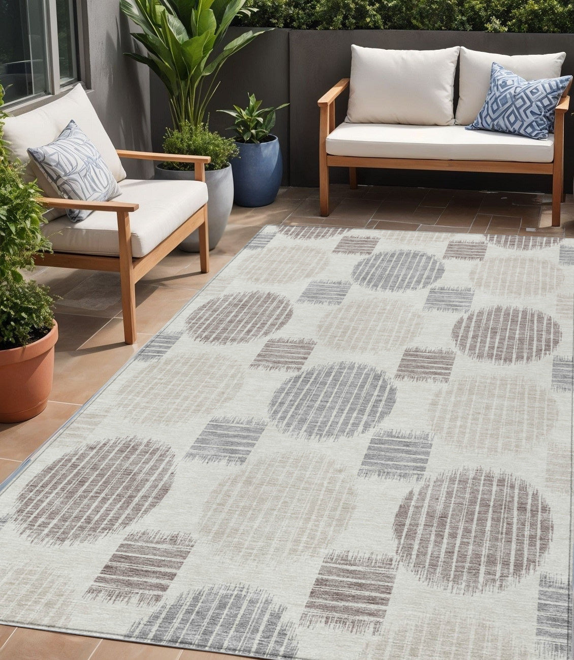 Tabselect Home Line 5' X 8' Ivory Brown And Gray Geometric Washable Indoor Outdoor Area Rug