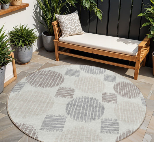Tabselect Home Line 8' Ivory Brown And Gray Round Geometric Washable Indoor Outdoor Area Rug