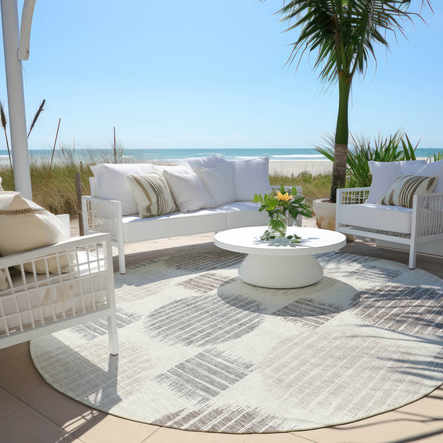 Tabselect Home Line 8' Ivory Brown And Gray Round Geometric Washable Indoor Outdoor Area Rug