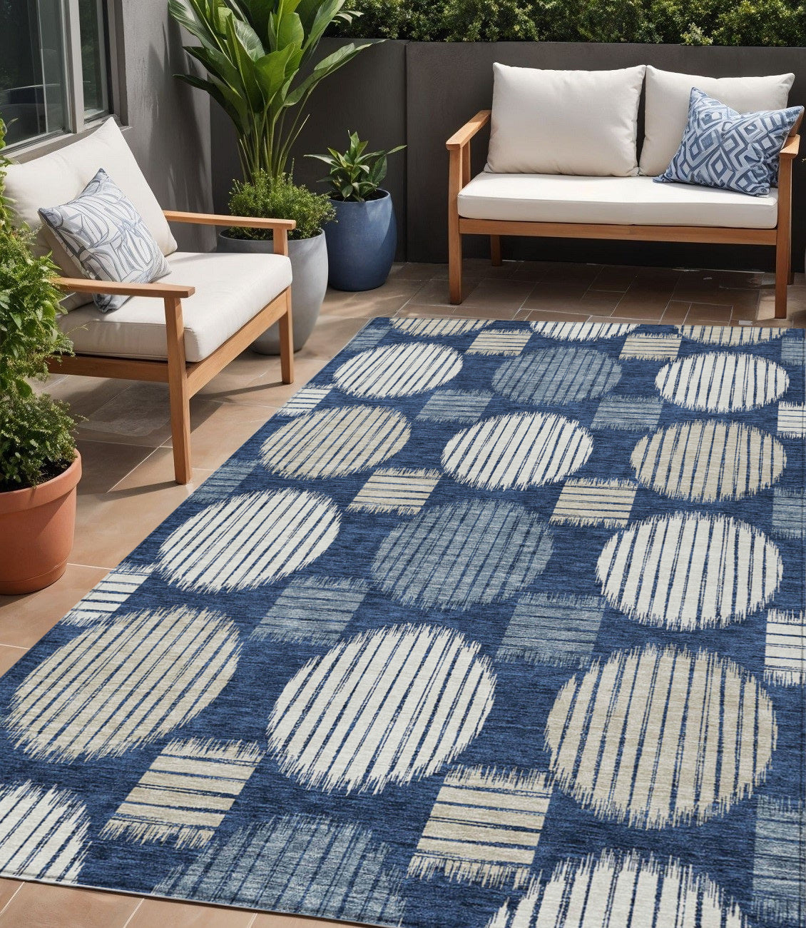 Tabselect Home Line 5' X 8' Navy Blue And Ivory Geometric Washable Indoor Outdoor Area Rug