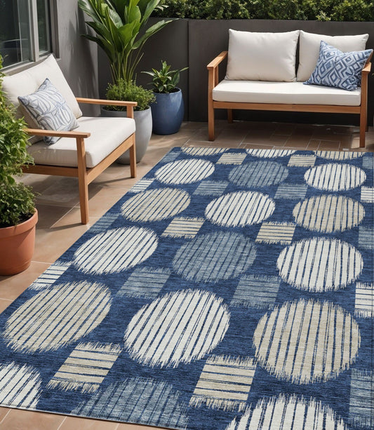 Tabselect Home Line 5' X 8' Navy Blue And Ivory Geometric Washable Indoor Outdoor Area Rug