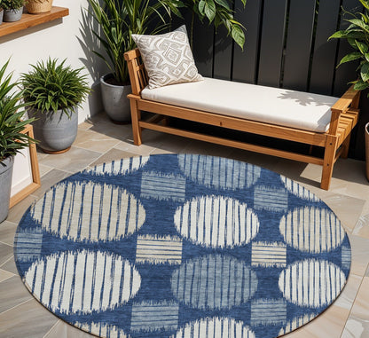 Tabselect Home Line 8' Navy Blue And Ivory Round Geometric Washable Indoor Outdoor Area Rug
