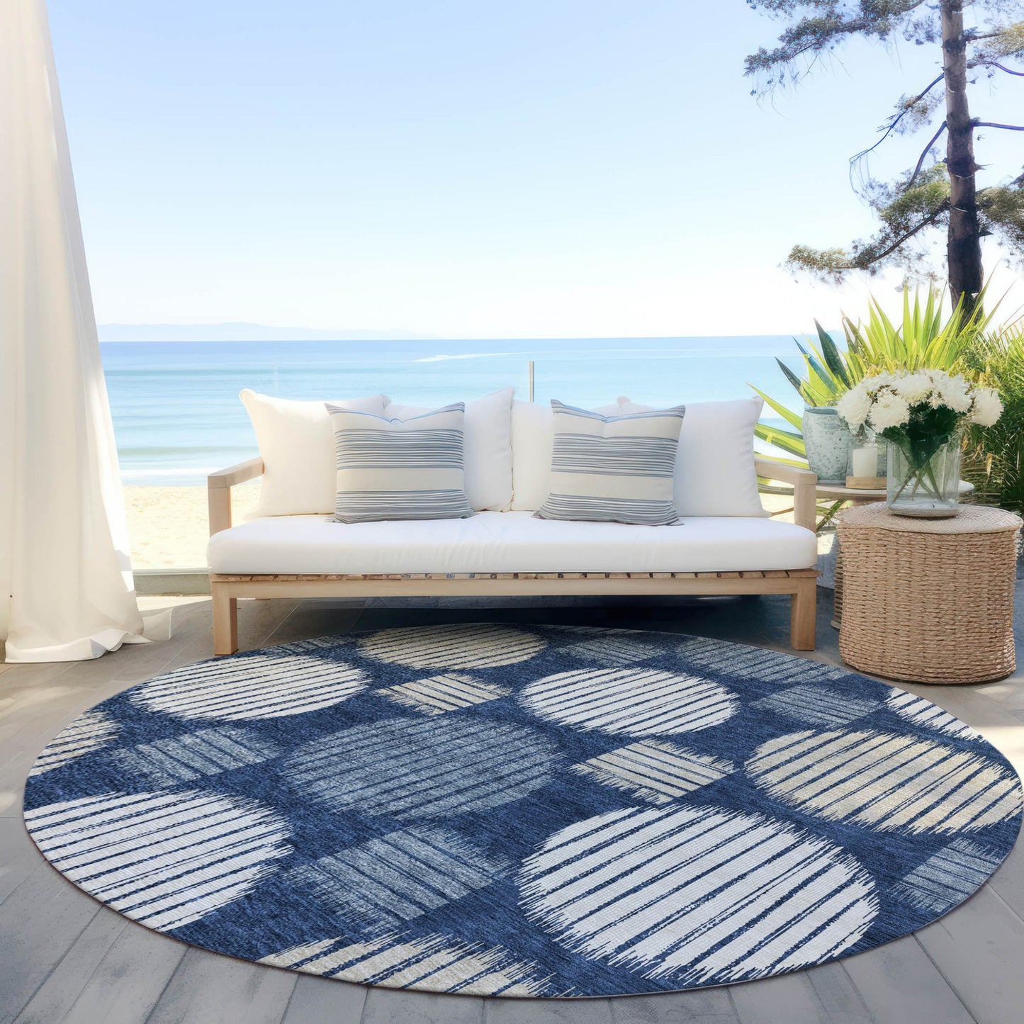 Tabselect Home Line 8' Navy Blue And Ivory Round Geometric Washable Indoor Outdoor Area Rug