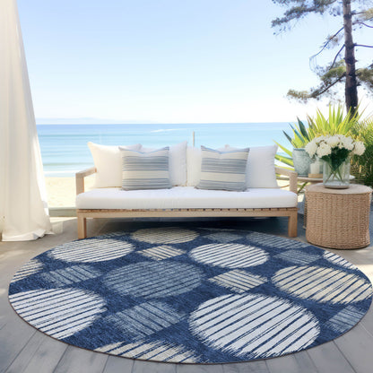 Tabselect Home Line 8' Navy Blue And Ivory Round Geometric Washable Indoor Outdoor Area Rug