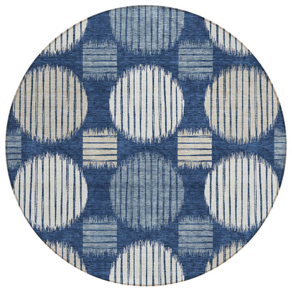 Tabselect Home Line 8' Navy Blue And Ivory Round Geometric Washable Indoor Outdoor Area Rug