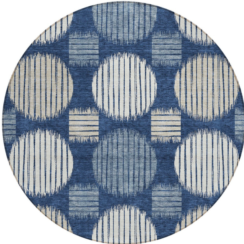 Tabselect Home Line 8' Navy Blue And Ivory Round Geometric Washable Indoor Outdoor Area Rug
