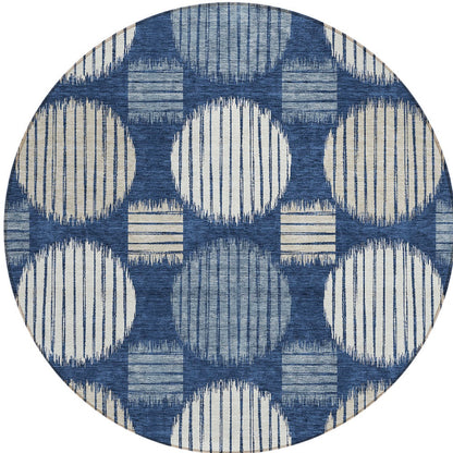 Tabselect Home Line 8' Navy Blue And Ivory Round Geometric Washable Indoor Outdoor Area Rug