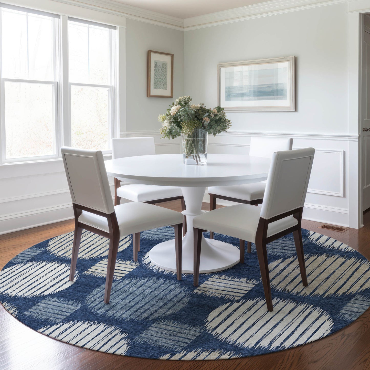 Tabselect Home Line 8' Navy Blue And Ivory Round Geometric Washable Indoor Outdoor Area Rug