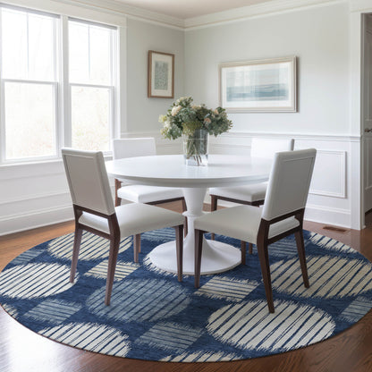 Tabselect Home Line 8' Navy Blue And Ivory Round Geometric Washable Indoor Outdoor Area Rug